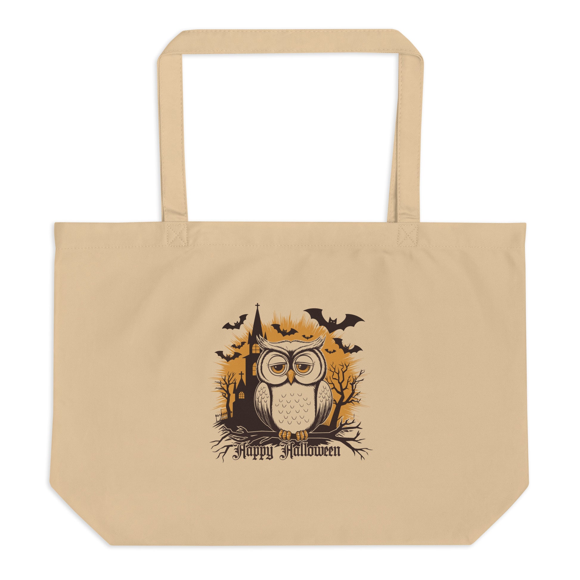 Large Organic Tote Bag: Halloween Owl Eco-Friendly Sustainable USA Dudeily