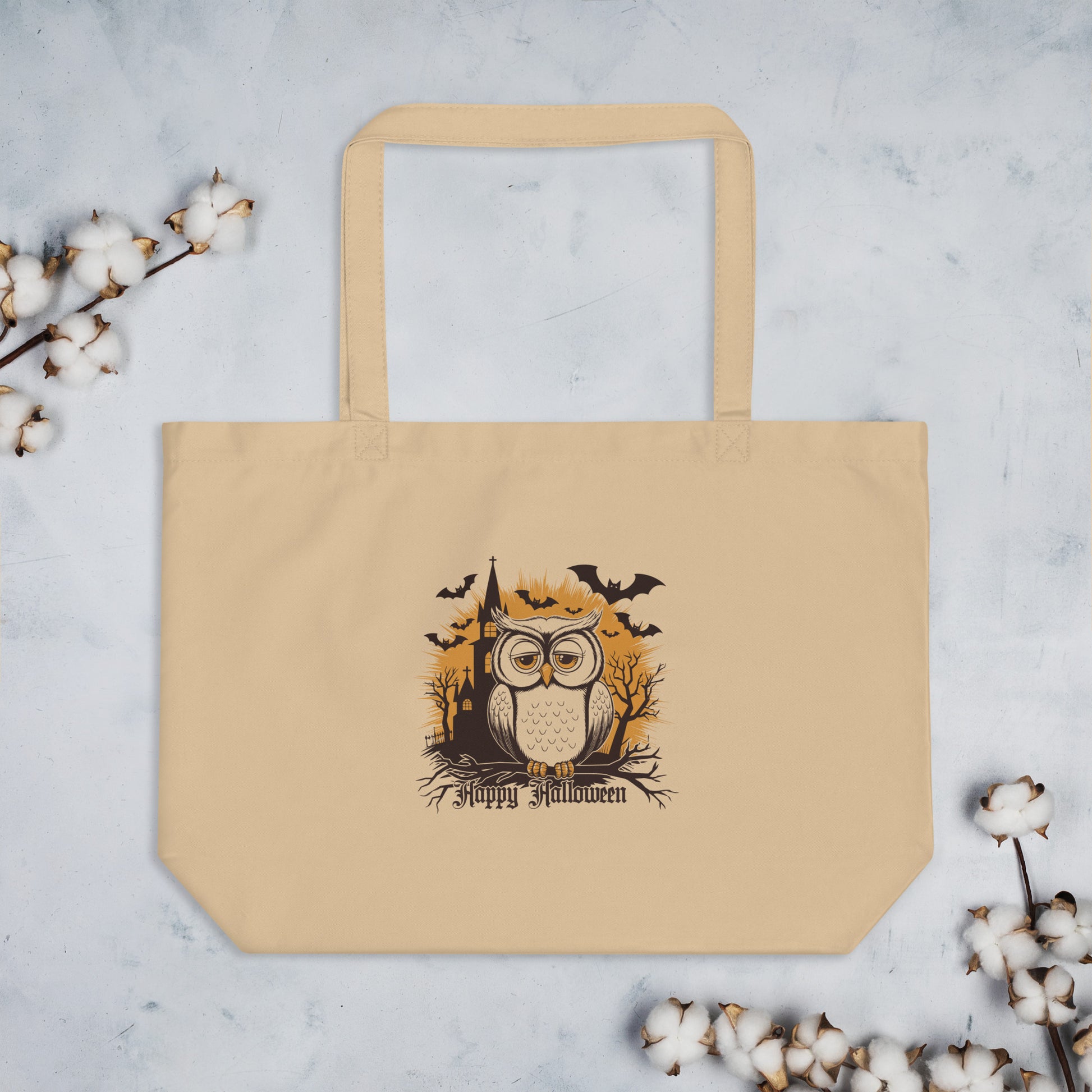 Large Organic Tote Bag: Halloween Owl Eco-Friendly Sustainable USA Dudeily