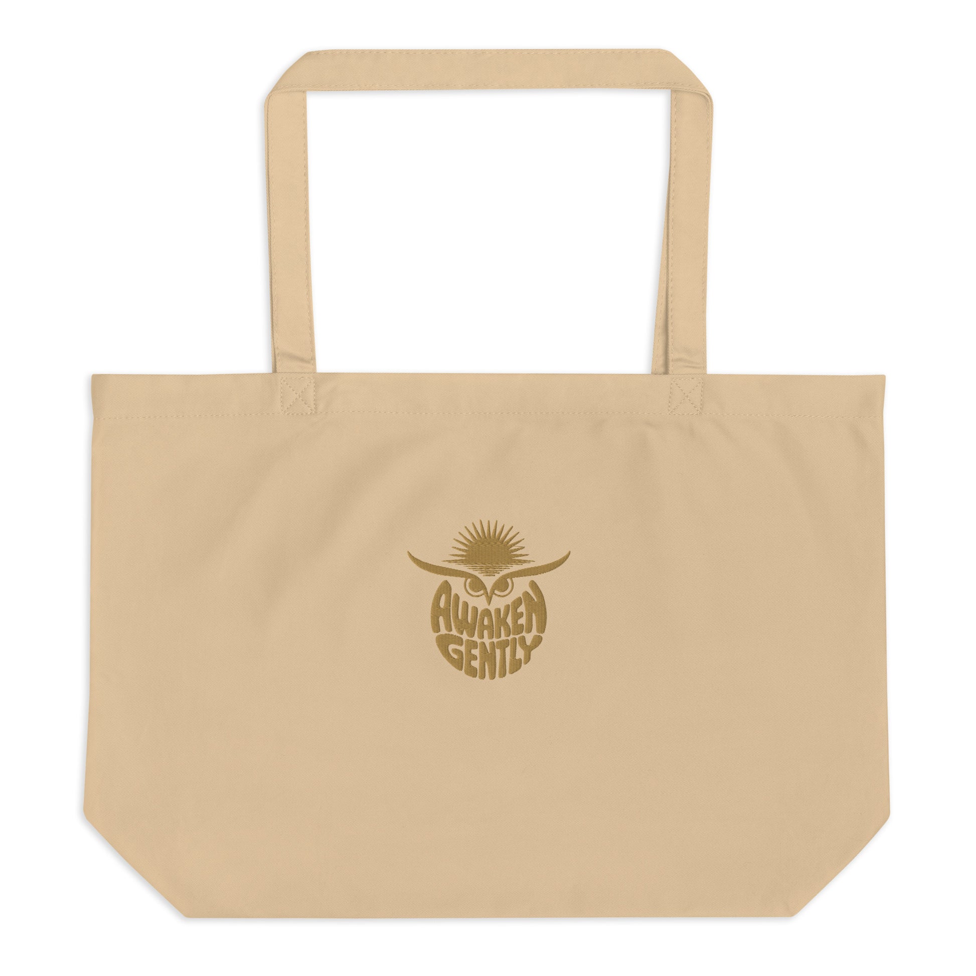 Eco-Friendly Owl Embroidered Tote Bag "Awaken Gently" – Large Organic Carryall Oyster Dudeily