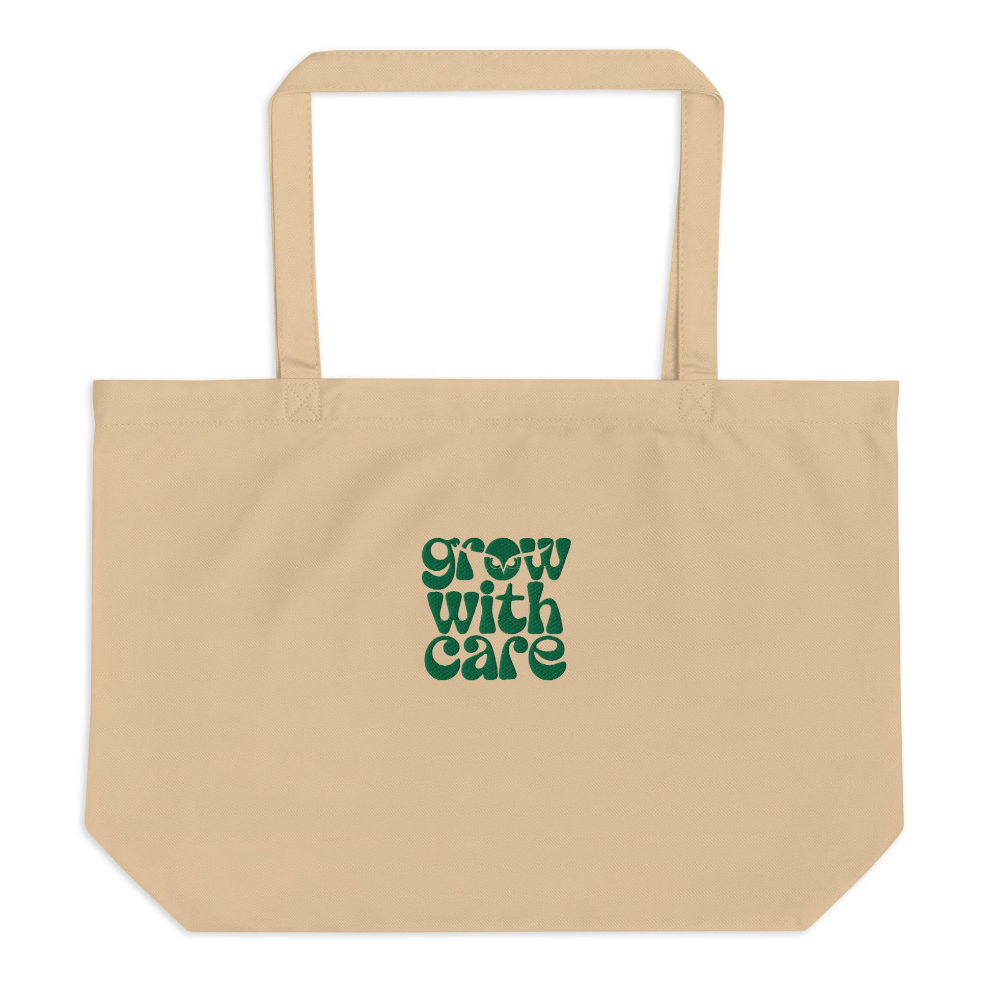 Large Organic Tote Bag "Grow With Care" – Embroidered Eco-Friendly Owl Accessories Oyster Dudeily