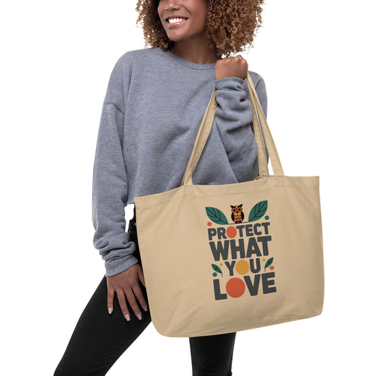 Large Organic Tote Bag – Protect What You Love Owl Print | Sustainable Owl Lifestyle Dudeily