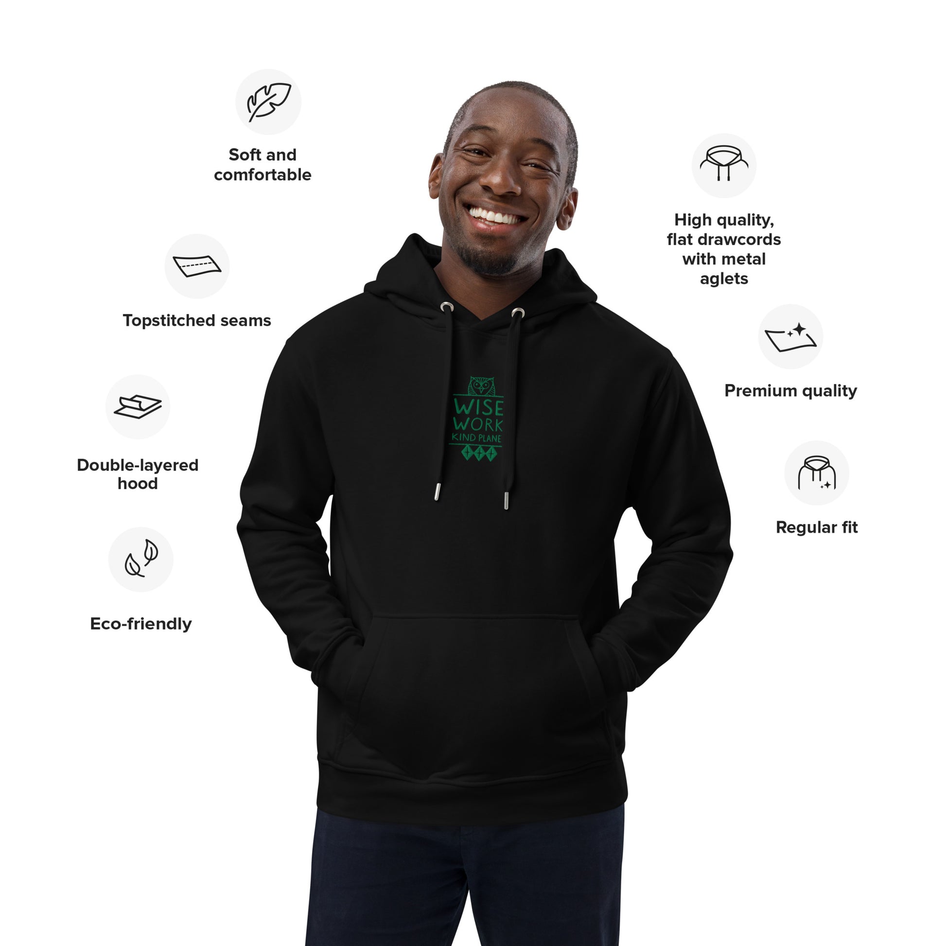 Premium Eco Hoodie: Wise Work, Kind Planet | Owl Embroidered Sustainable Fashion Dudeily
