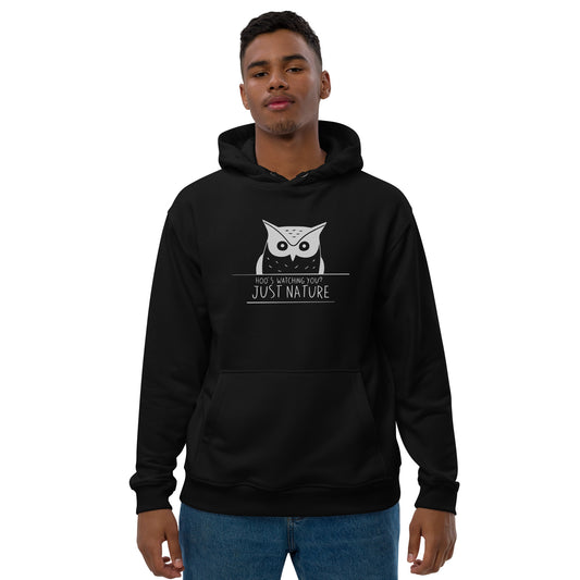 Premium Eco Hoodie: 'Hoo's Watching You? Just Nature' in Fall | Sustainable Owl Fashion USA Dudeily