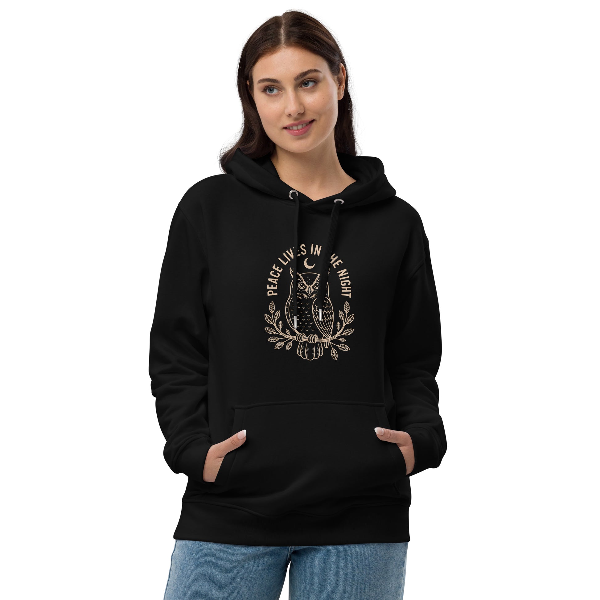 Premium Eco Hoodie: 'Peace in the Night' in Fall | Sustainable Owl Fashion USA Dudeily