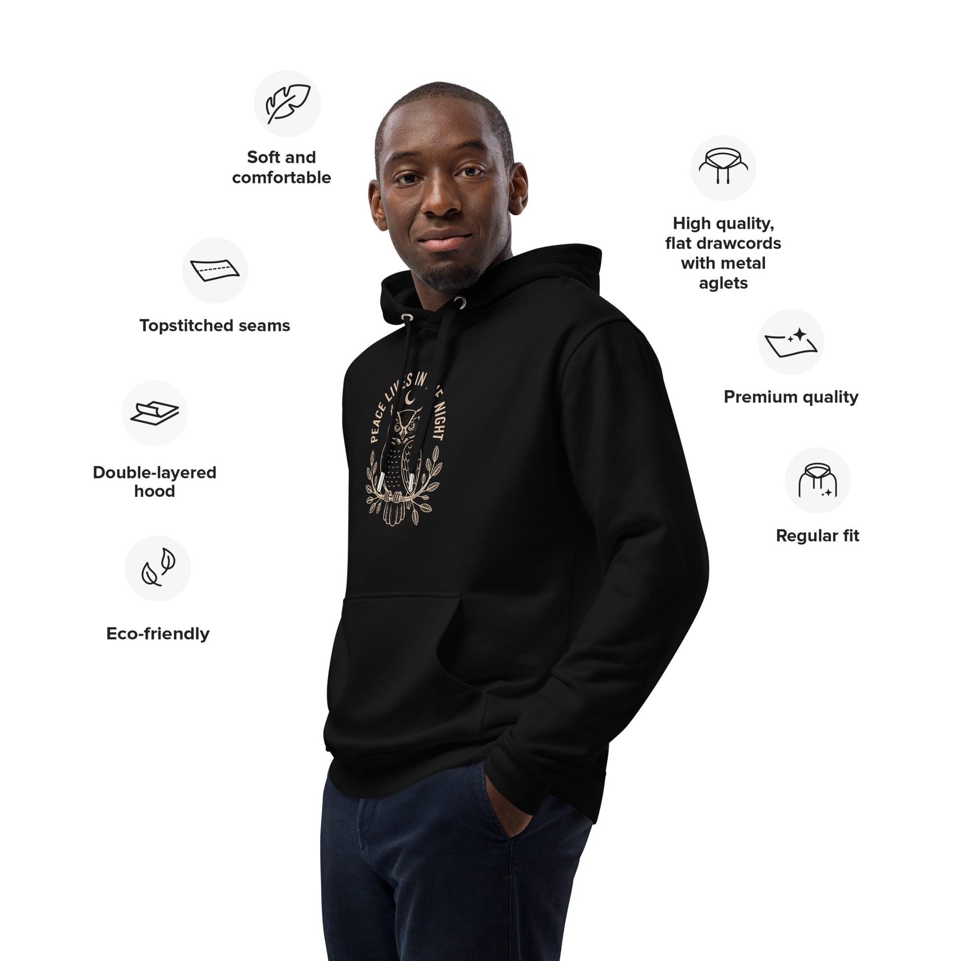 Premium Eco Hoodie: 'Peace in the Night' in Fall | Sustainable Owl Fashion USA Dudeily