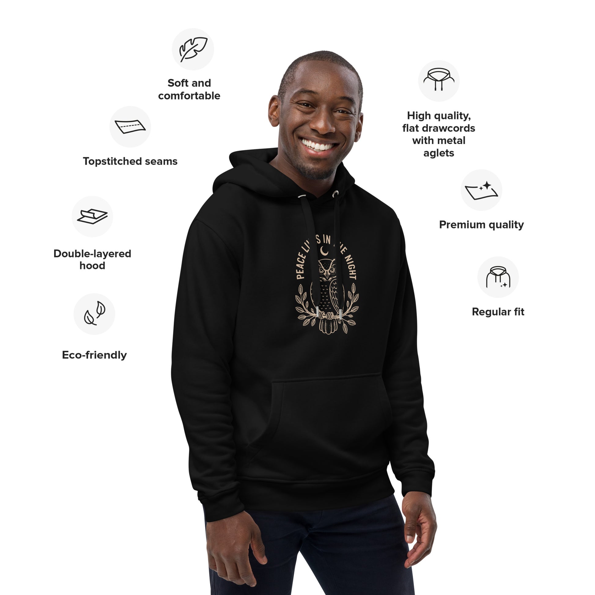 Premium Eco Hoodie: 'Peace in the Night' in Fall | Sustainable Owl Fashion USA Dudeily