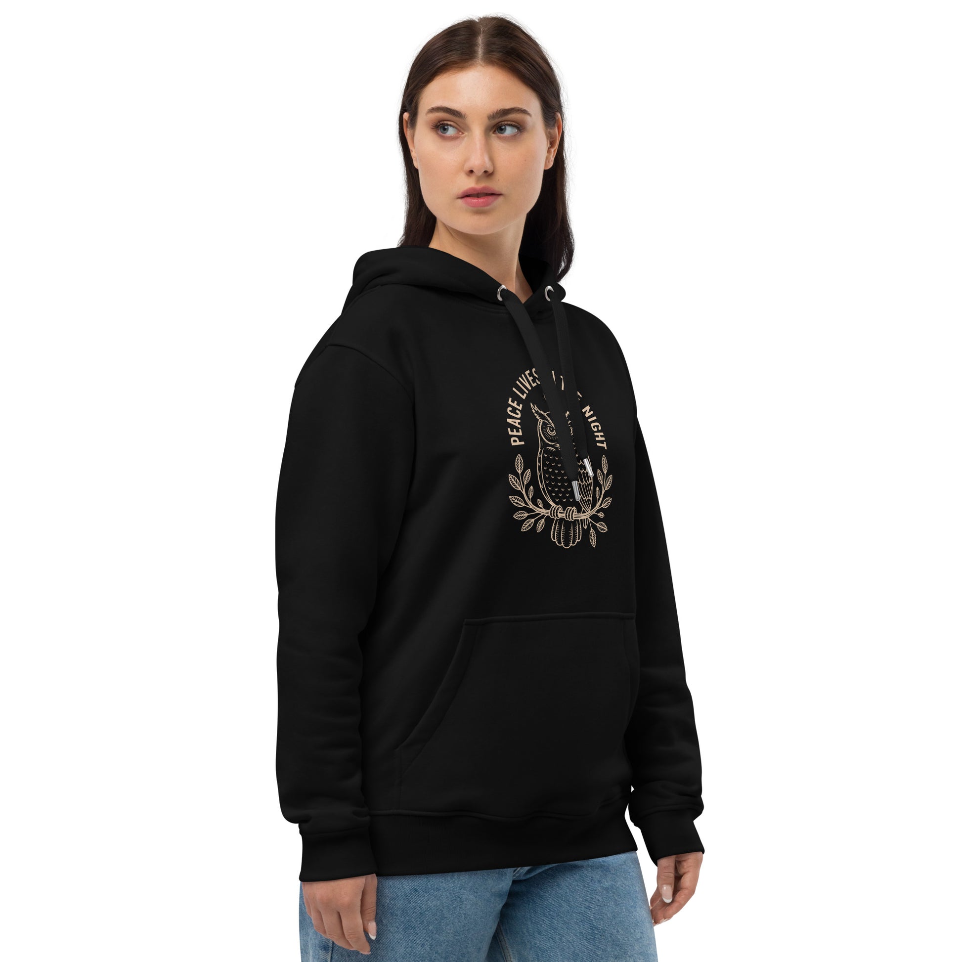 Premium Eco Hoodie: 'Peace in the Night' in Fall | Sustainable Owl Fashion USA Dudeily