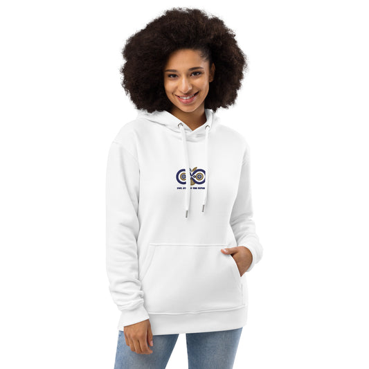 Premium Eco Hoodie: Owl Eyes on the Future | Owl Embroidered Sustainable Fashion White Dudeily