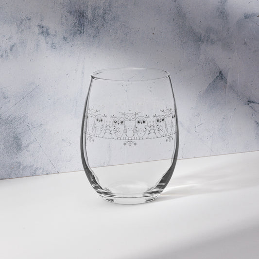 Owl-Themed Stemless Wine Glass – Elegant and Stylish Drinkware