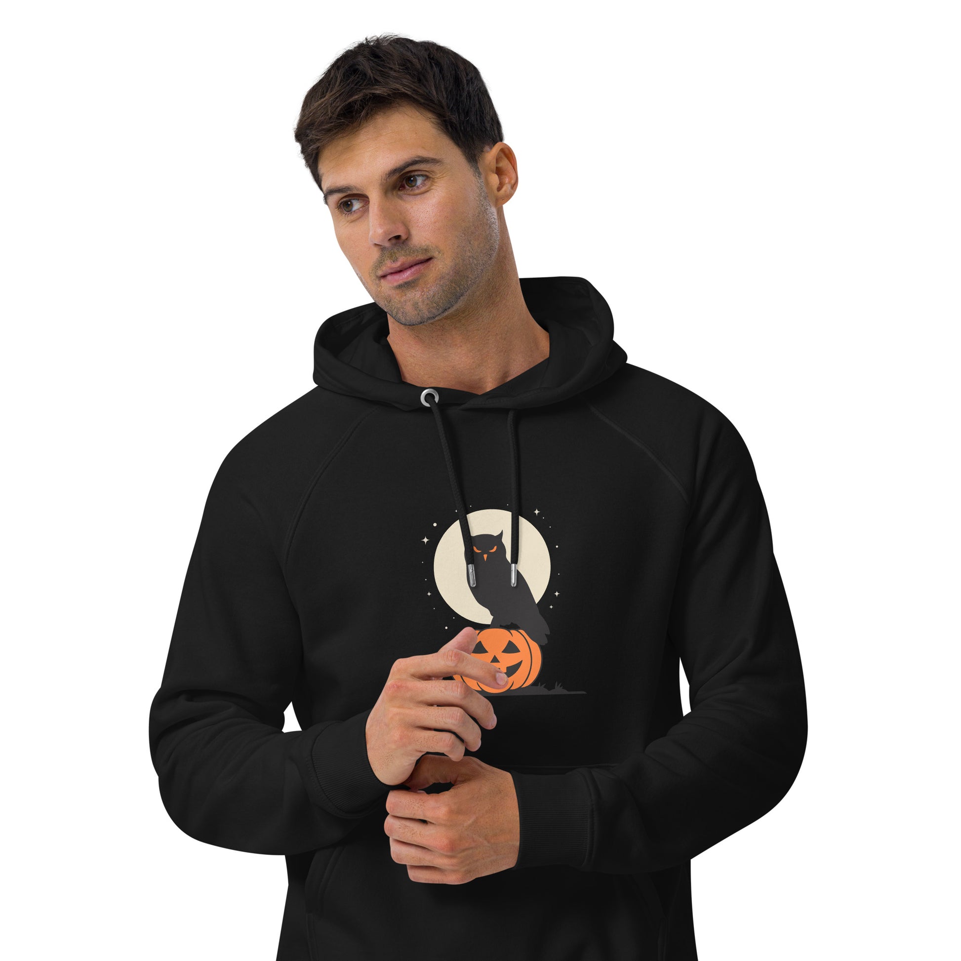 Unisex Eco Raglan Hoodie: Halloween Owl Cozy Sustainable Style USA Dudeily