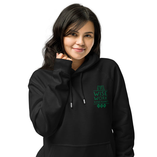 Unisex Eco Raglan Hoodie: Wise Work, Kind Planet | Embroidered Owl Hoodie – Sustainable Fashion Dudeily