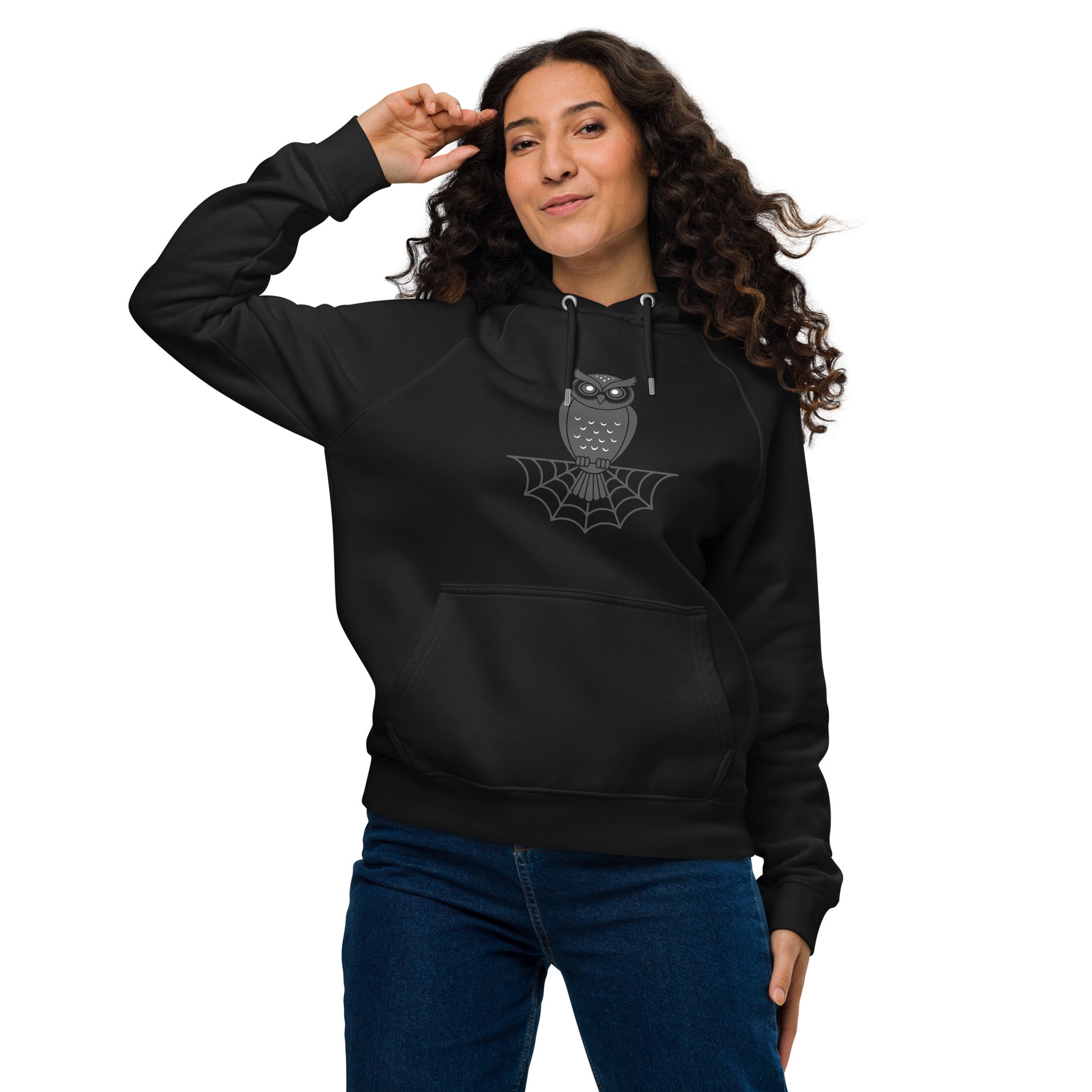 Unisex Eco Raglan Hoodie: Halloween Owl Sustainable Style USA Black Dudeily