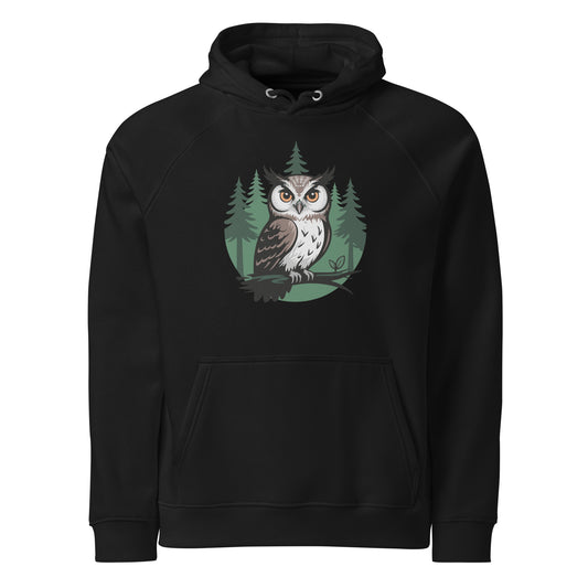 Unisex Eco Raglan Hoodie – Gentle Owl Print | Eco-Friendly Owl Clothing Black Dudeily