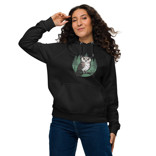 Unisex Eco Raglan Hoodie – Gentle Owl Print | Eco-Friendly Owl Clothing Dudeily