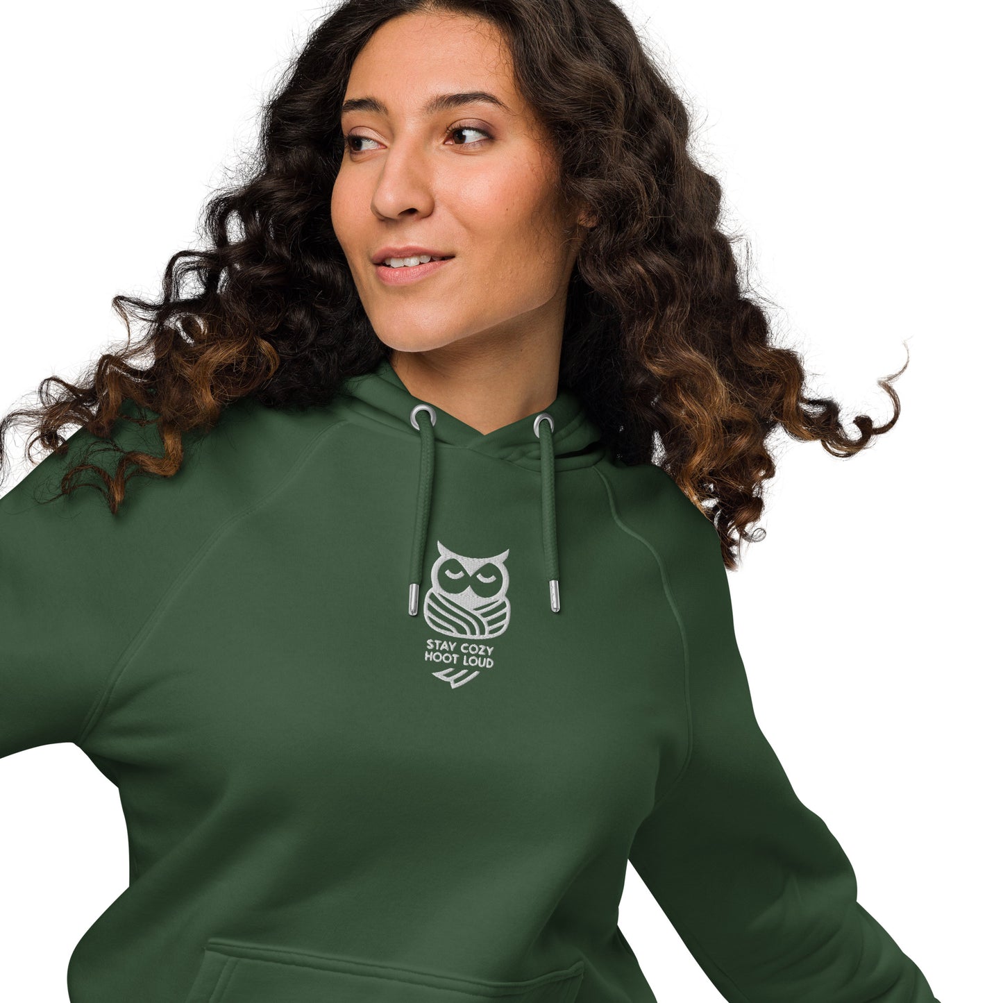 Sustainable Fashion USA-Owl Unisex Eco Raglan Hoodie: 'Stay Cozy Hoot Loud' in Fall Bottle green Dudeily