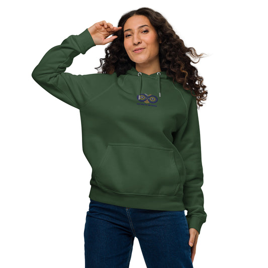 Embroidered Unisex Eco Raglan Hoodie – Owl Eyes on the Future | Owl-Themed Sustainable Fashion Bottle green Dudeily
