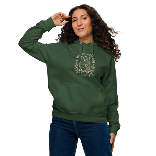 Unisex Eco Raglan Hoodie: 'Peace in the Night' in Fall | Sustainable Owl Fashion USA Bottle green Dudeily