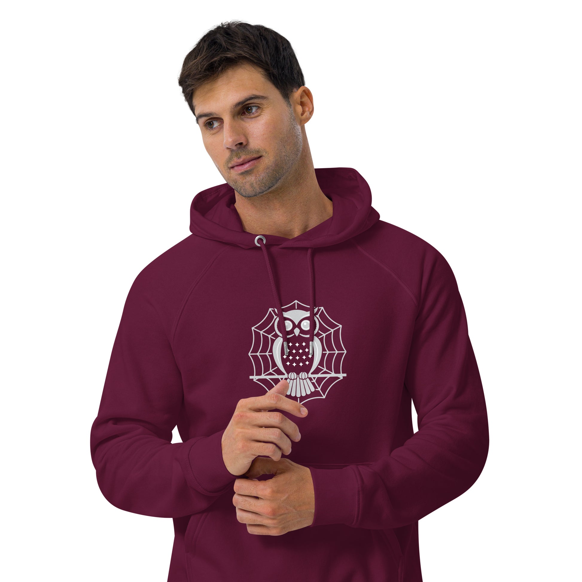 Unisex Eco Raglan Hoodie: Halloween Owl Cozy Sustainable Style USA Dudeily