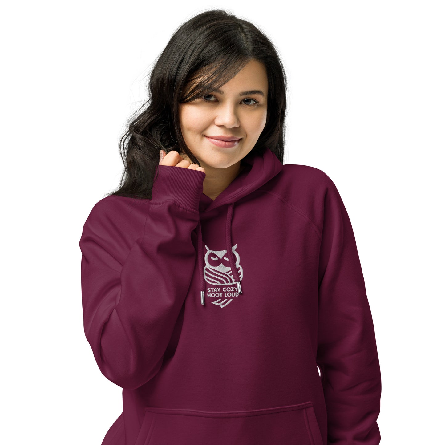 Sustainable Fashion USA | Owl Unisex Eco Raglan Hoodie: 'Stay Cozy Hoot Loud' in Fall Burgundy Dudeily