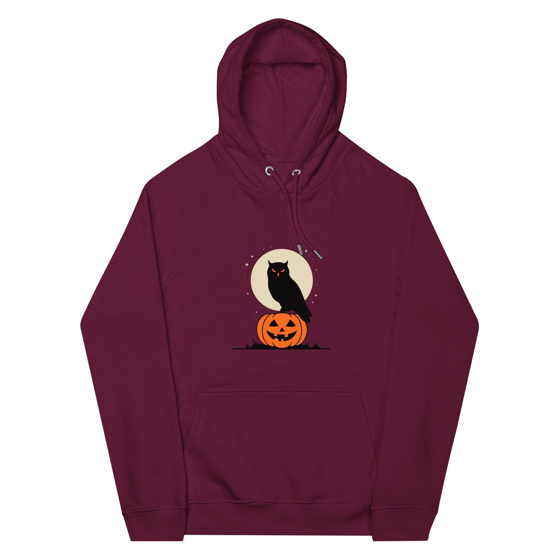 Unisex Eco Raglan Hoodie: Halloween Owl Cozy Sustainable Style USA Dudeily