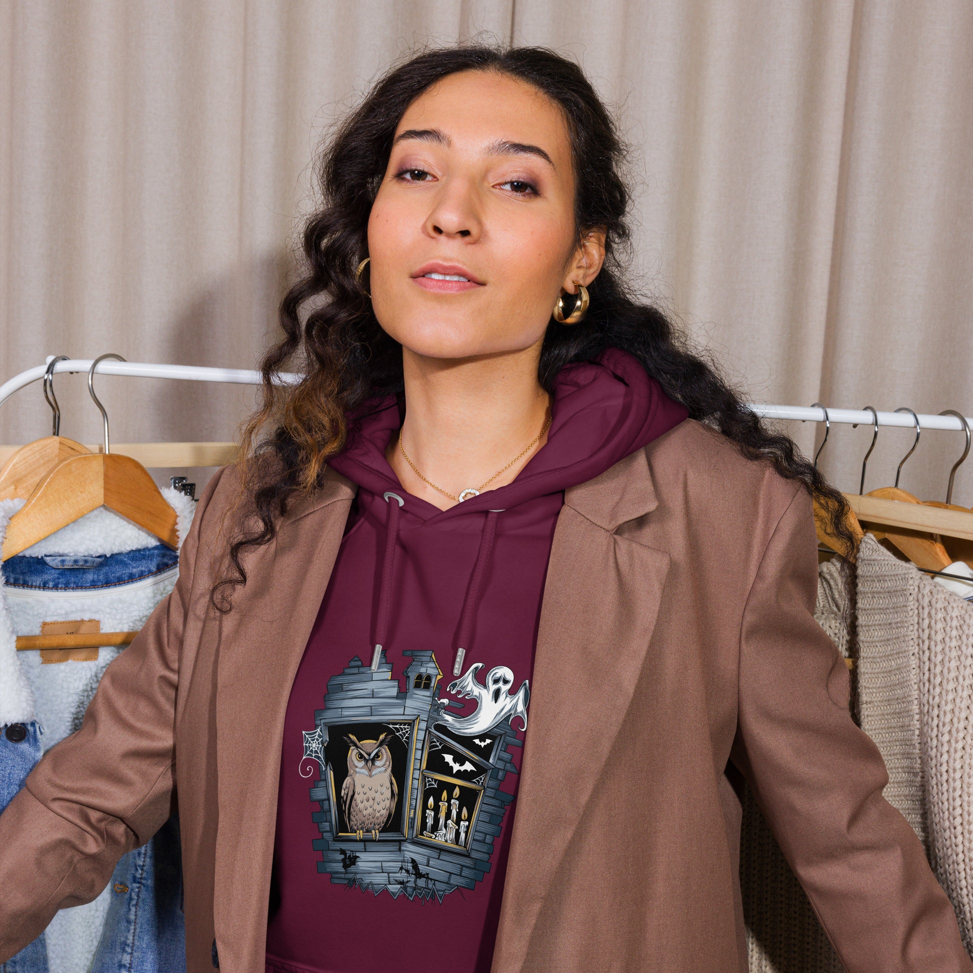 Unisex Eco Raglan Hoodie: Halloween Owl Cozy Sustainable Style USA Dudeily