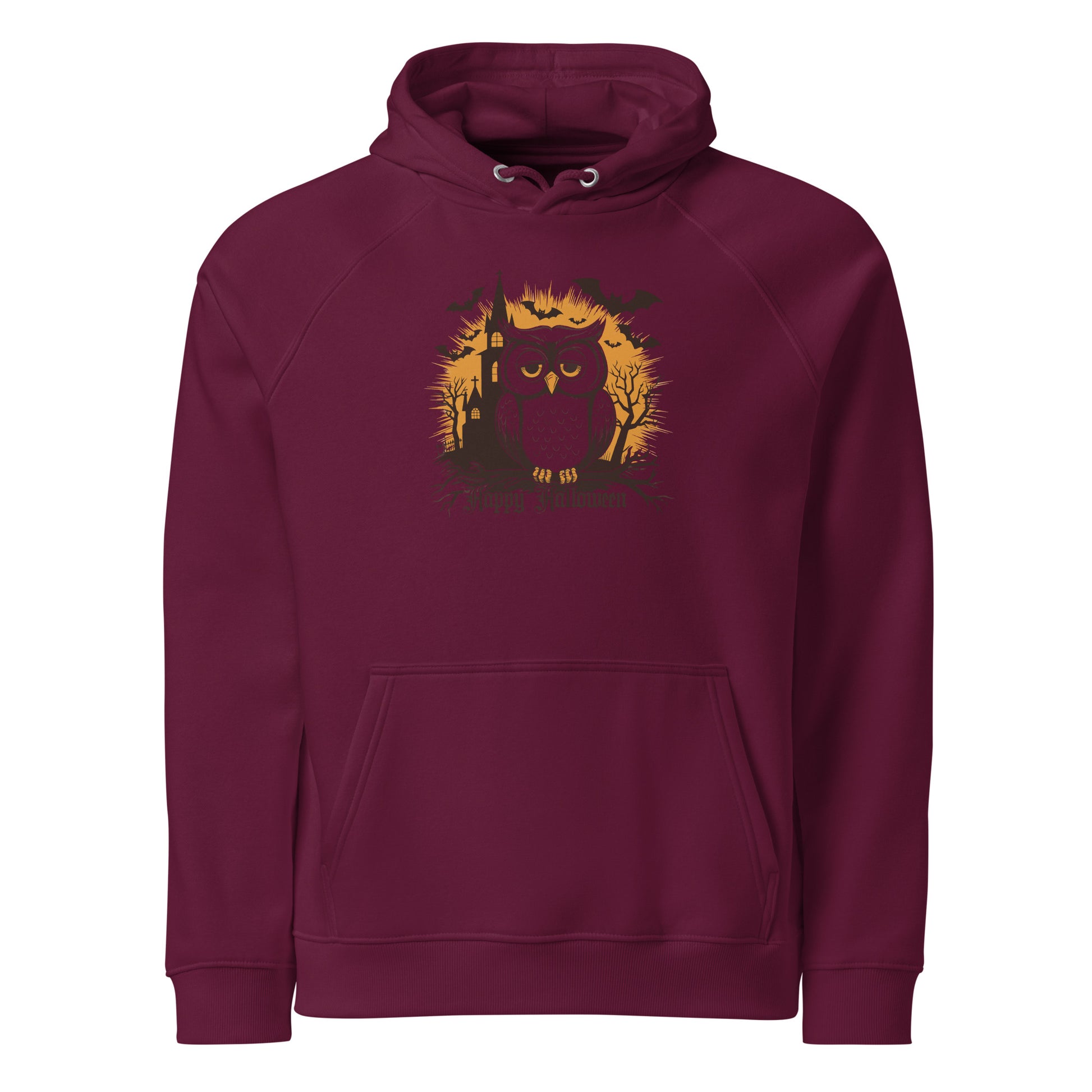 Unisex Eco Raglan Hoodie: Halloween Owl Cozy Sustainable Style USA Dudeily