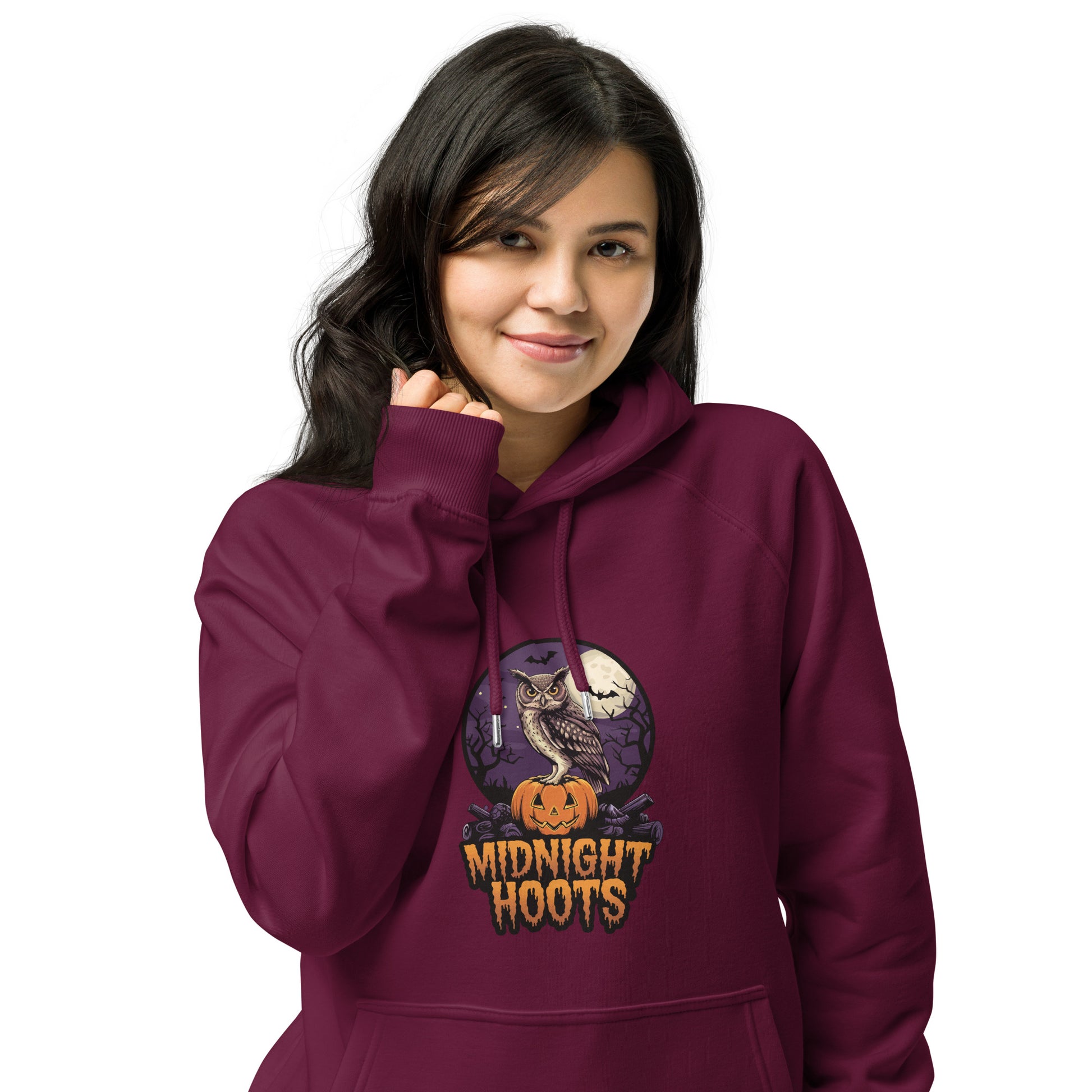 Unisex Eco Raglan Hoodie: Halloween Owl Sustainable Cozy Style USA Dudeily
