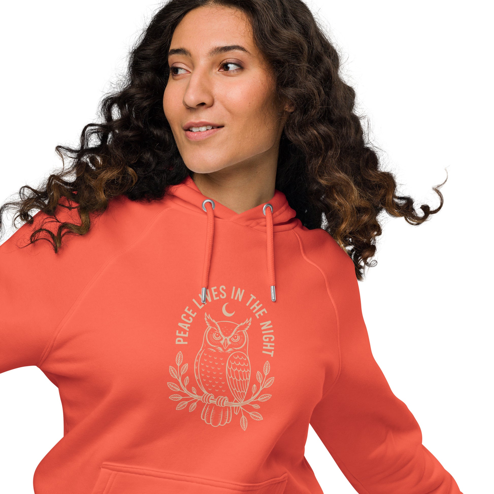 Unisex Eco Raglan Hoodie: 'Peace in the Night' in Fall | Sustainable Owl Fashion USA Dudeily