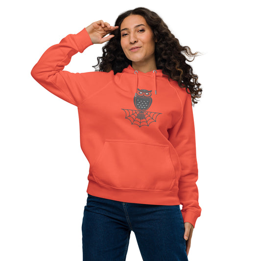 Unisex Eco Raglan Hoodie: Halloween Owl Sustainable Style USA Burnt Orange Dudeily