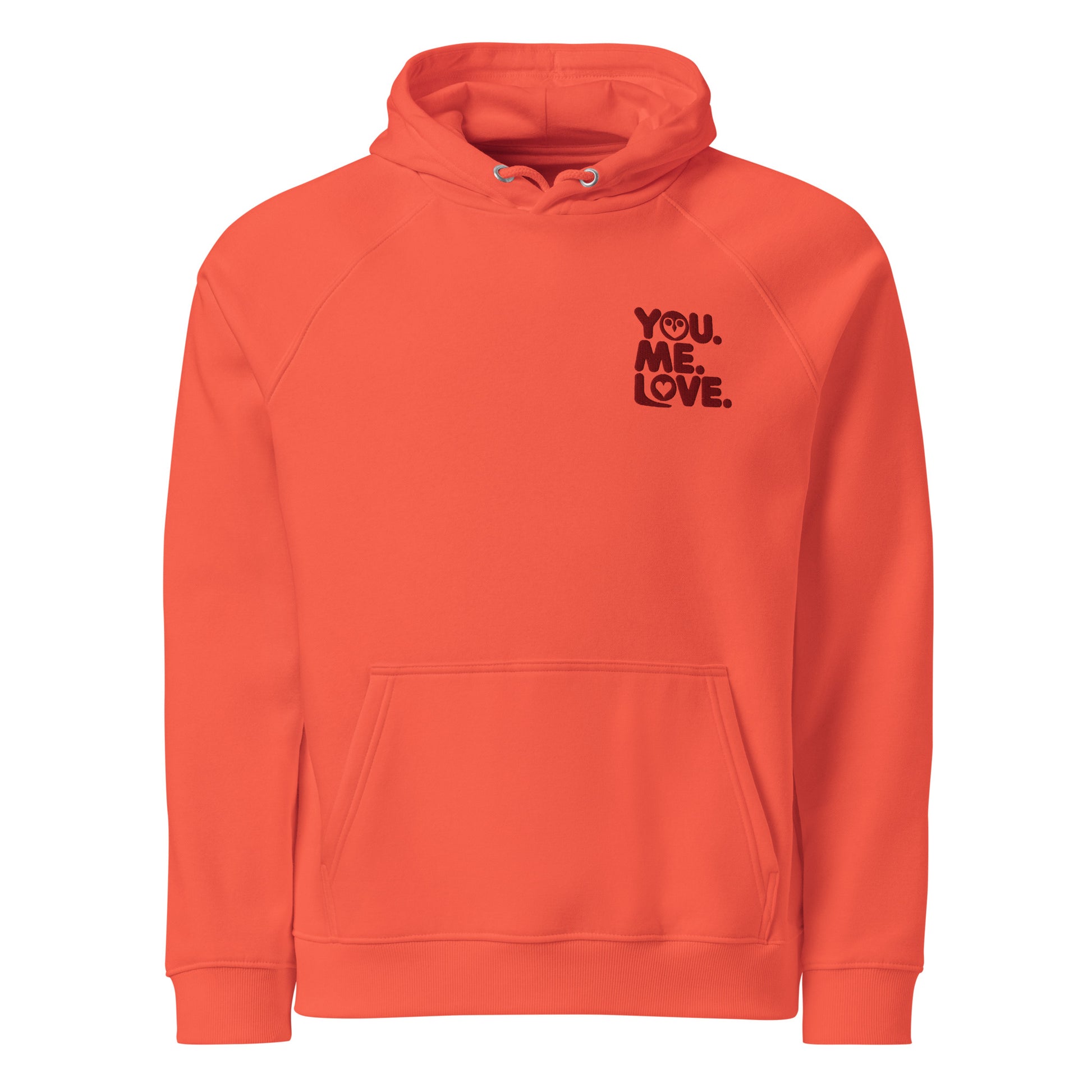 Unisex Eco Raglan Hoodie – Eco-Friendly Owl Clothing “You Me. Love” Embroidered Sustainable Wear Burnt Orange Dudeily
