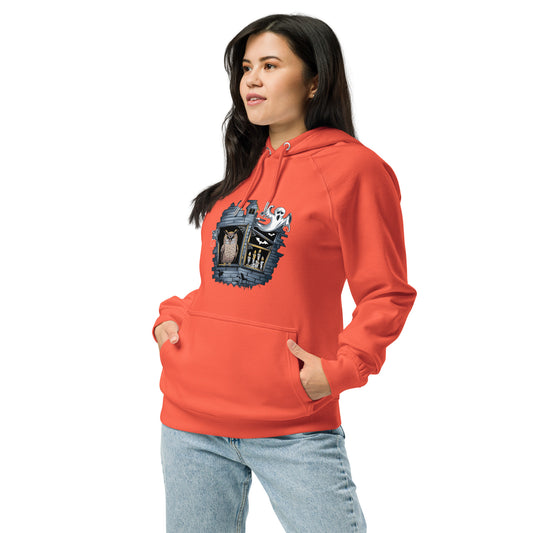 Unisex Eco Raglan Hoodie: Halloween Owl Cozy Sustainable Style USA Burnt Orange Dudeily