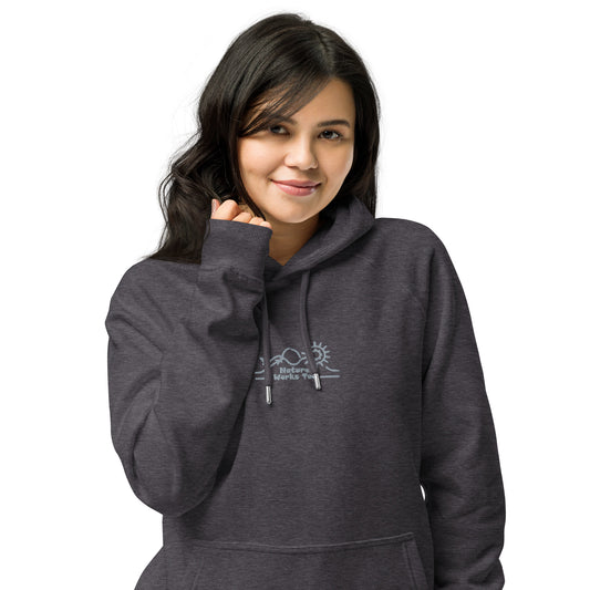 Unisex Eco Raglan Hoodie: Nature Works Too | Owl Embroidered Sustainable Fashion Charcoal Melange Dudeily