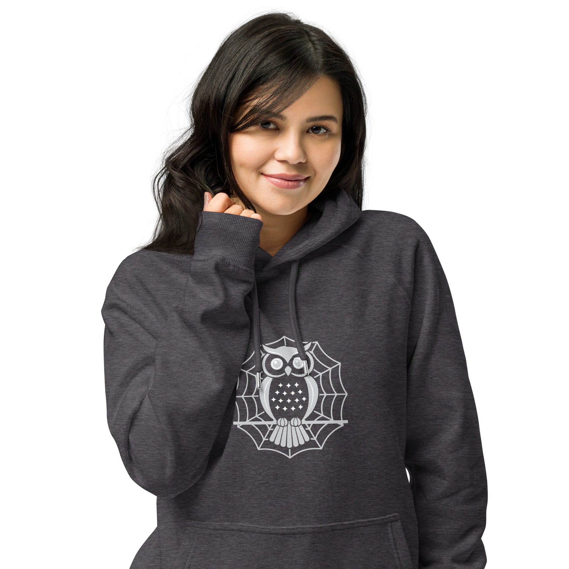 Unisex Eco Raglan Hoodie: Halloween Owl Cozy Sustainable Style USA Dudeily