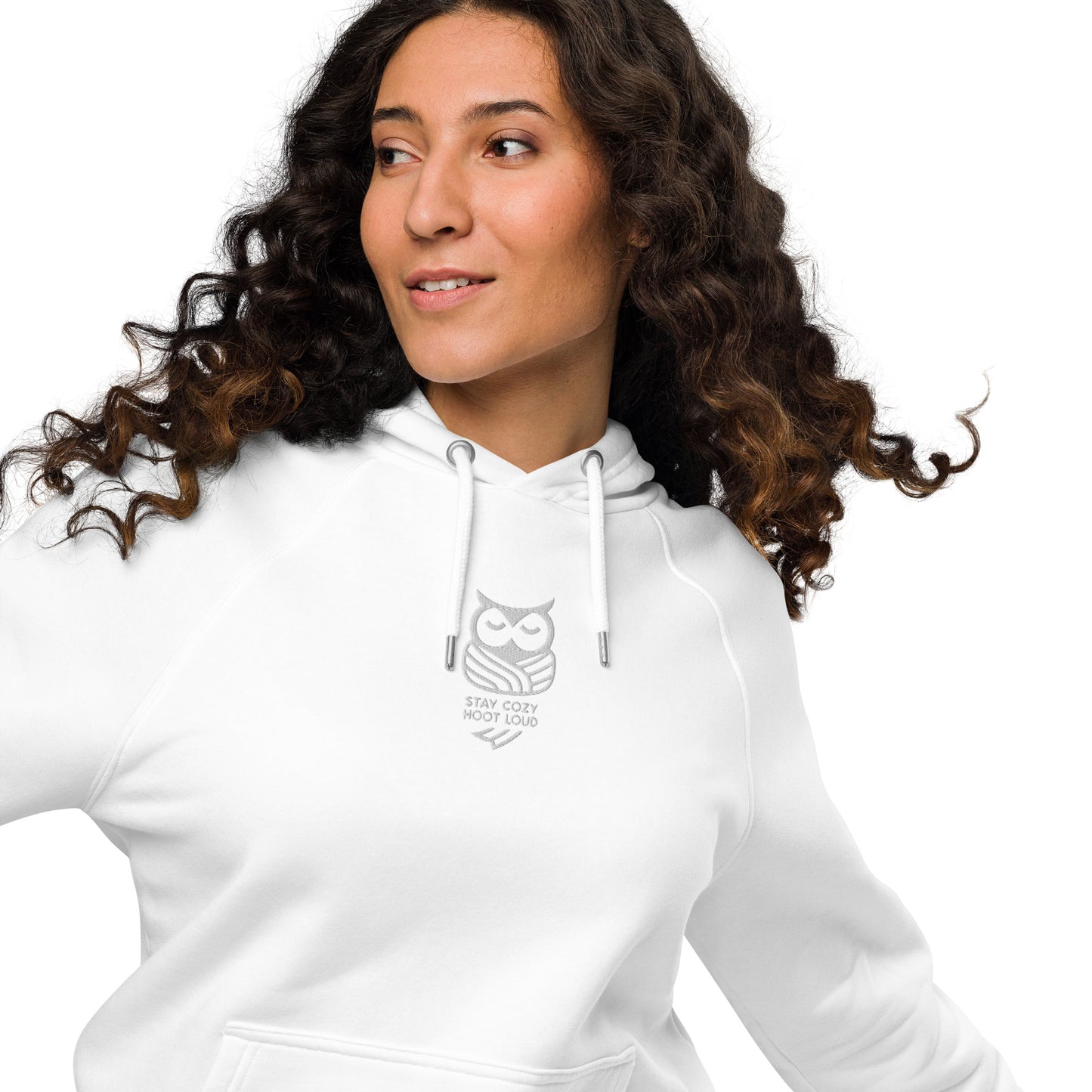 Sustainable Fashion USA-Owl Unisex Eco Raglan Hoodie: 'Stay Cozy Hoot Loud' in Fall White Dudeily
