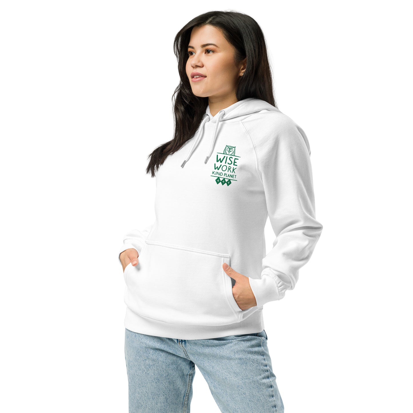 Unisex Eco Raglan Hoodie: Wise Work, Kind Planet | Embroidered Owl Hoodie – Sustainable Fashion White Dudeily