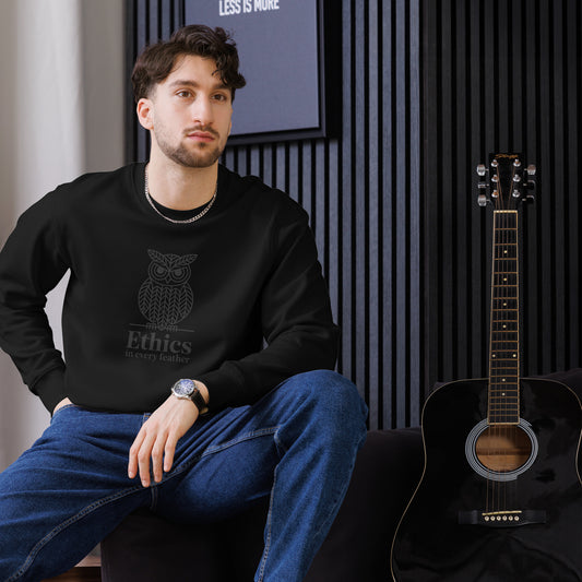 Unisex Eco Sweatshirt: 'Ethics in Every Feather' | Eco-Friendly Owl Apparel USA Dudeily