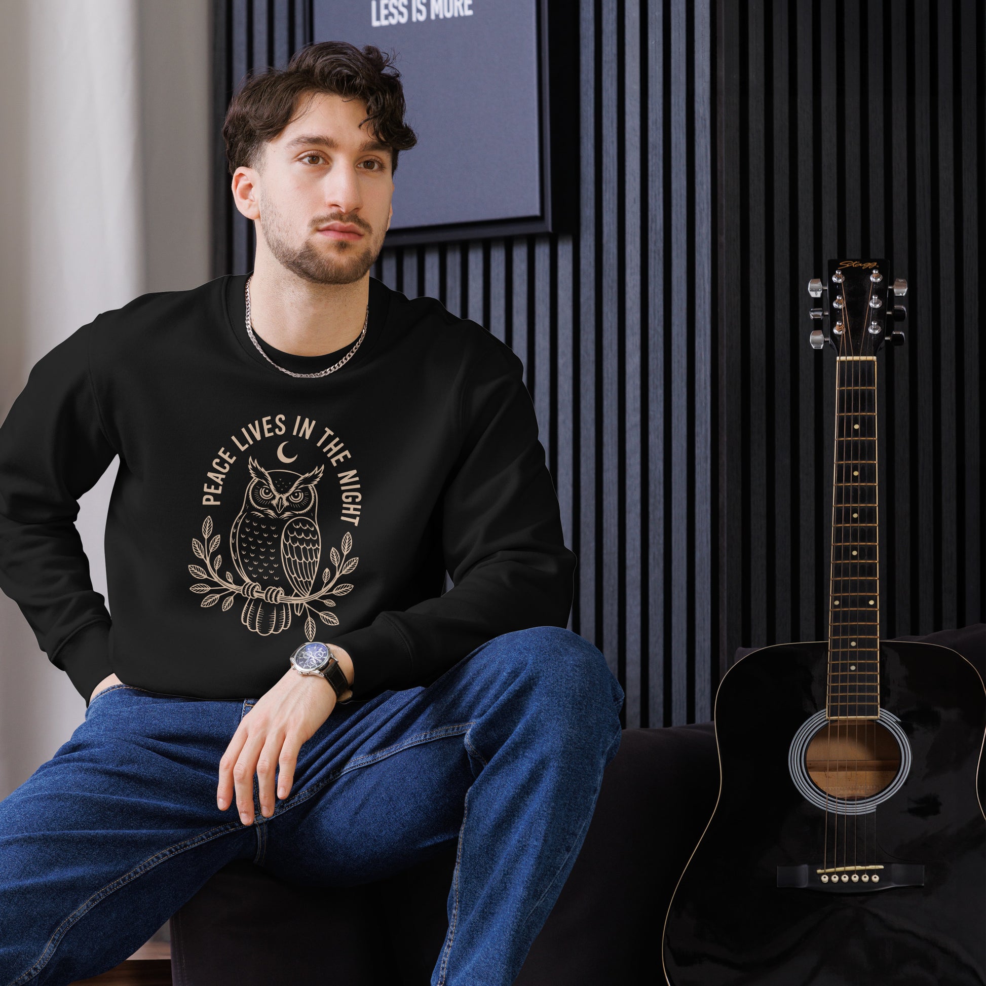 Owl Unisex Eco Sweatshirt: 'Peace in the Night' in Fall | Sustainable Owl Fashion USA Dudeily