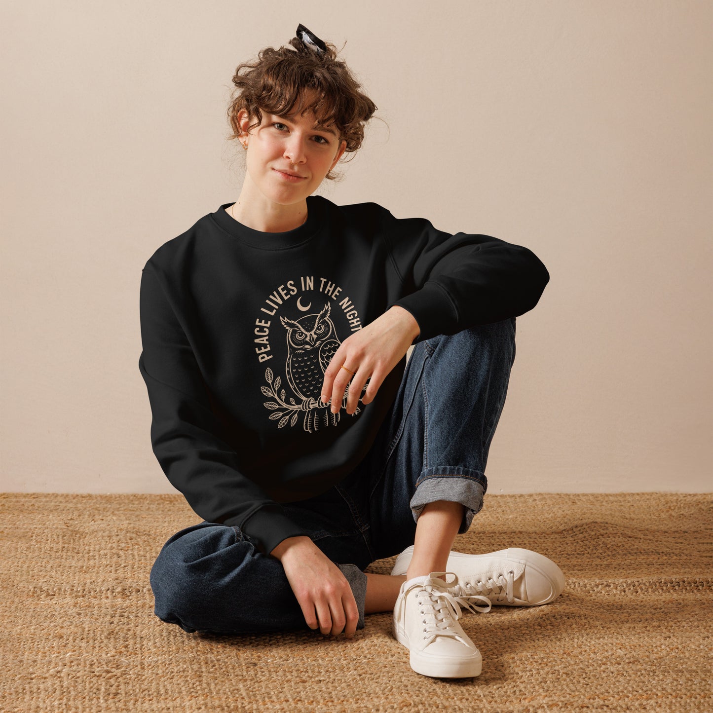 Owl Unisex Eco Sweatshirt: 'Peace in the Night' in Fall | Sustainable Owl Fashion USA Dudeily