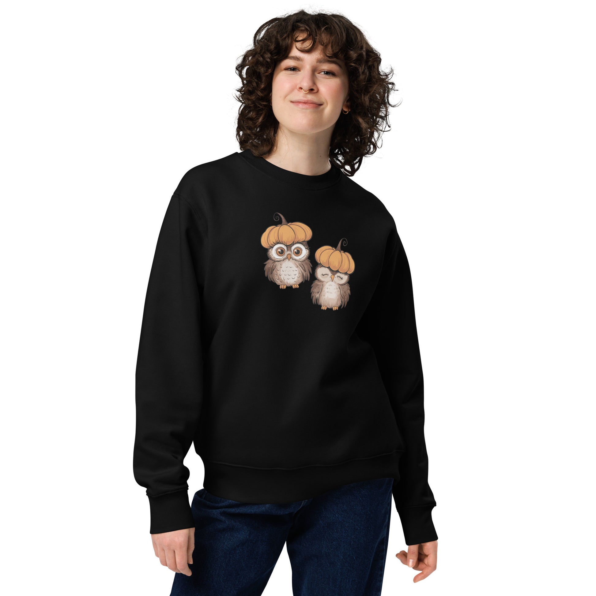 Unisex Eco Sweatshirt: Halloween Owl Sustainable Cozy Style USA Black Dudeily