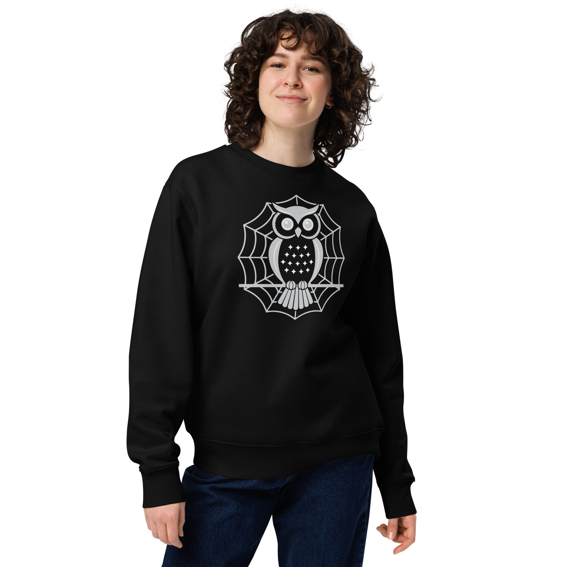 Unisex Eco Sweatshirt: Halloween Owl Cozy Sustainable Style USA Black Dudeily