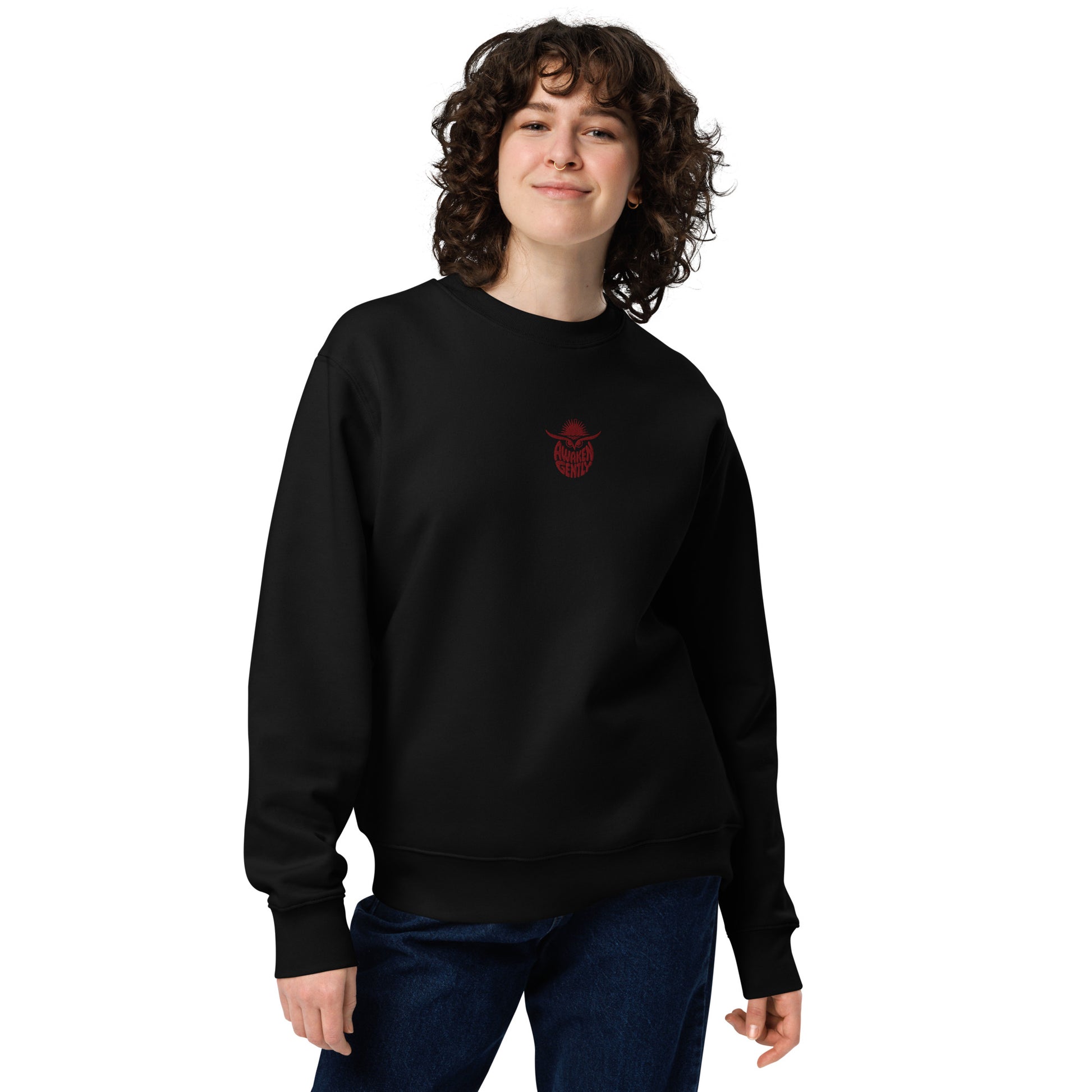 Unisex Eco Sweatshirt "Awaken Gently" – Embroidered Eco-Friendly Owl Clothing Dudeily