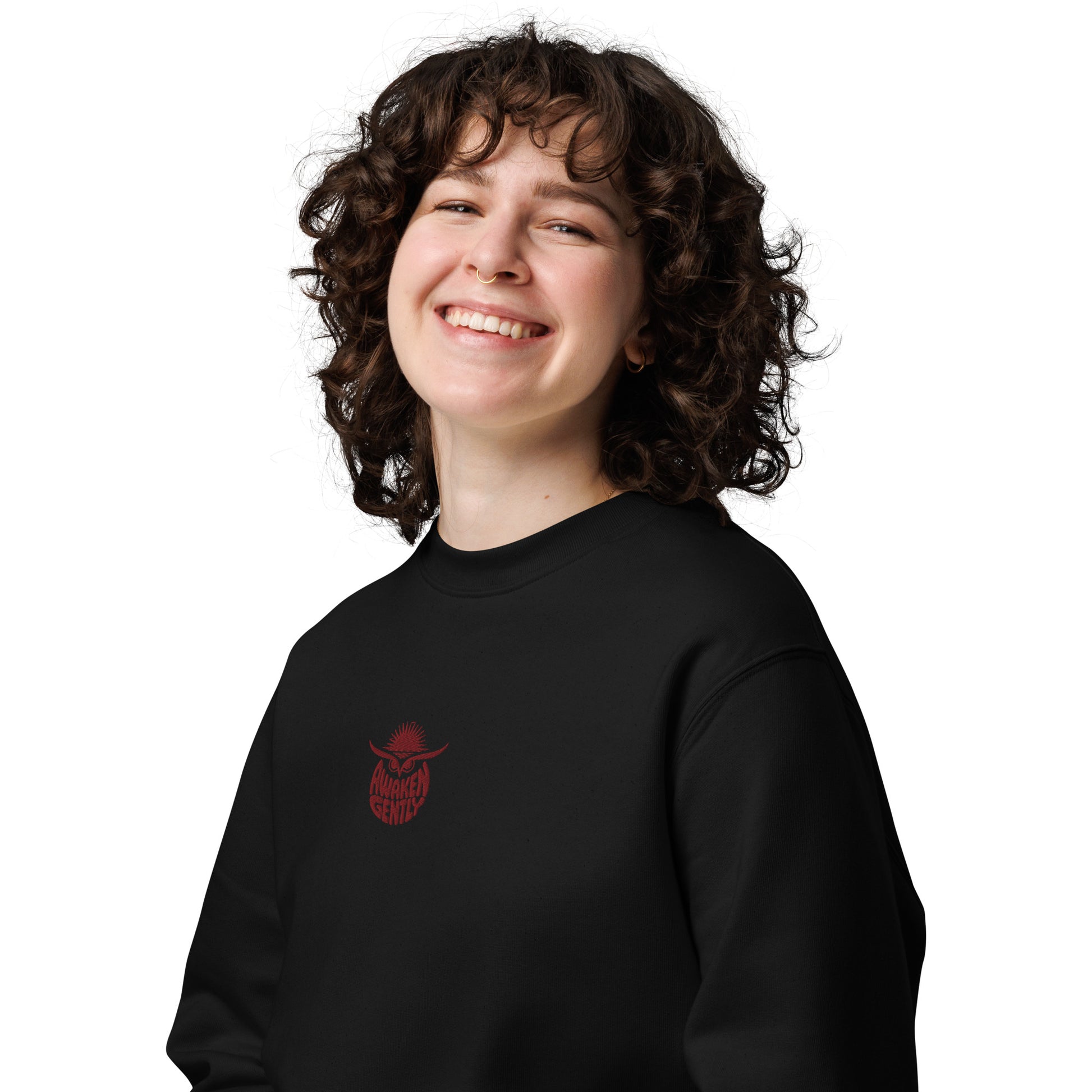Unisex Eco Sweatshirt "Awaken Gently" – Embroidered Eco-Friendly Owl Clothing Dudeily