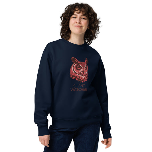 Unisex Eco Sweatshirt: ‘Silent Watcher’ in Fall | Eco-Friendly Owl Apparel USA French Navy Dudeily
