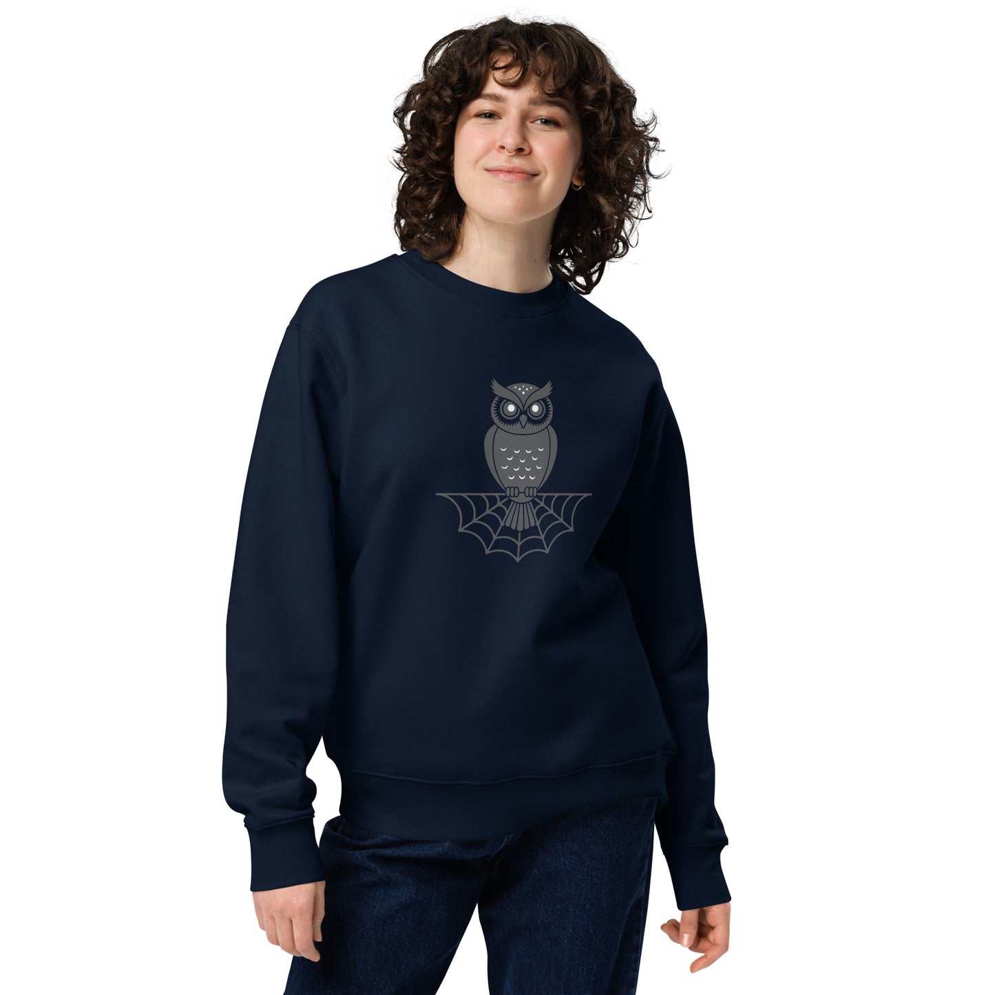 Unisex Eco Sweatshirt: Halloween Owl Cozy Sustainable Style USA French Navy Dudeily