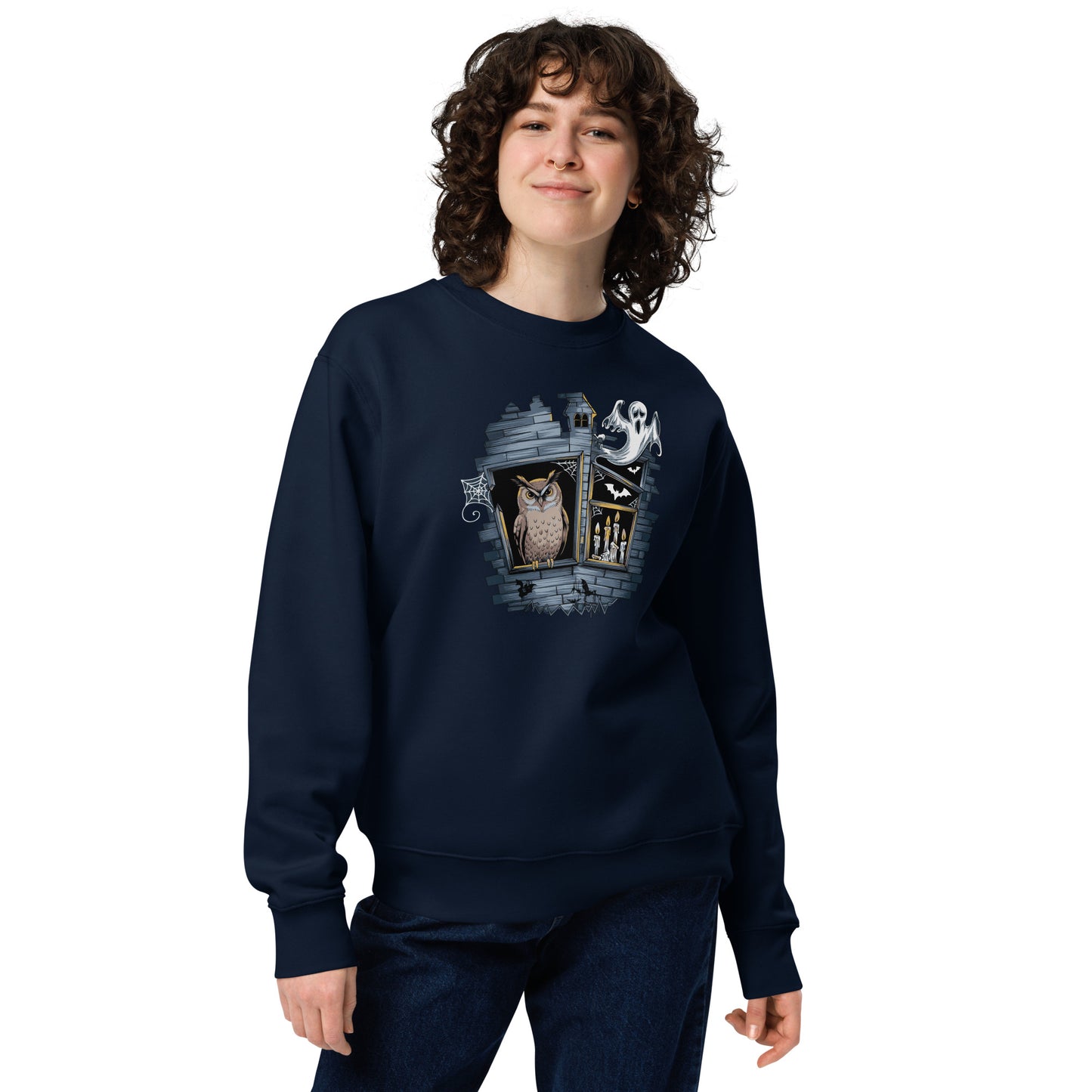Unisex Eco Sweatshirt: Halloween Owl Cozy Sustainable Style USA French Navy Dudeily