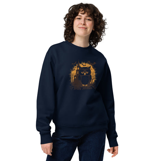 Unisex Eco Sweatshirt: Halloween Owl Cozy Sustainable Style USA French Navy Dudeily
