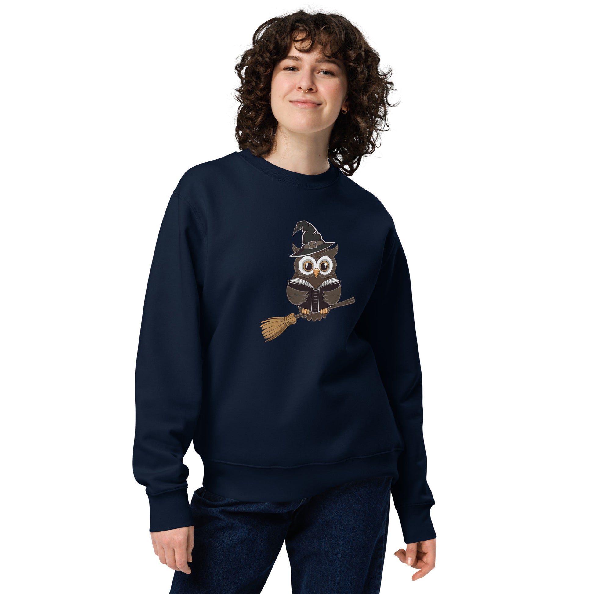 Unisex Eco Sweatshirt: Halloween Owl Cozy Sustainable Style USA French Navy Dudeily