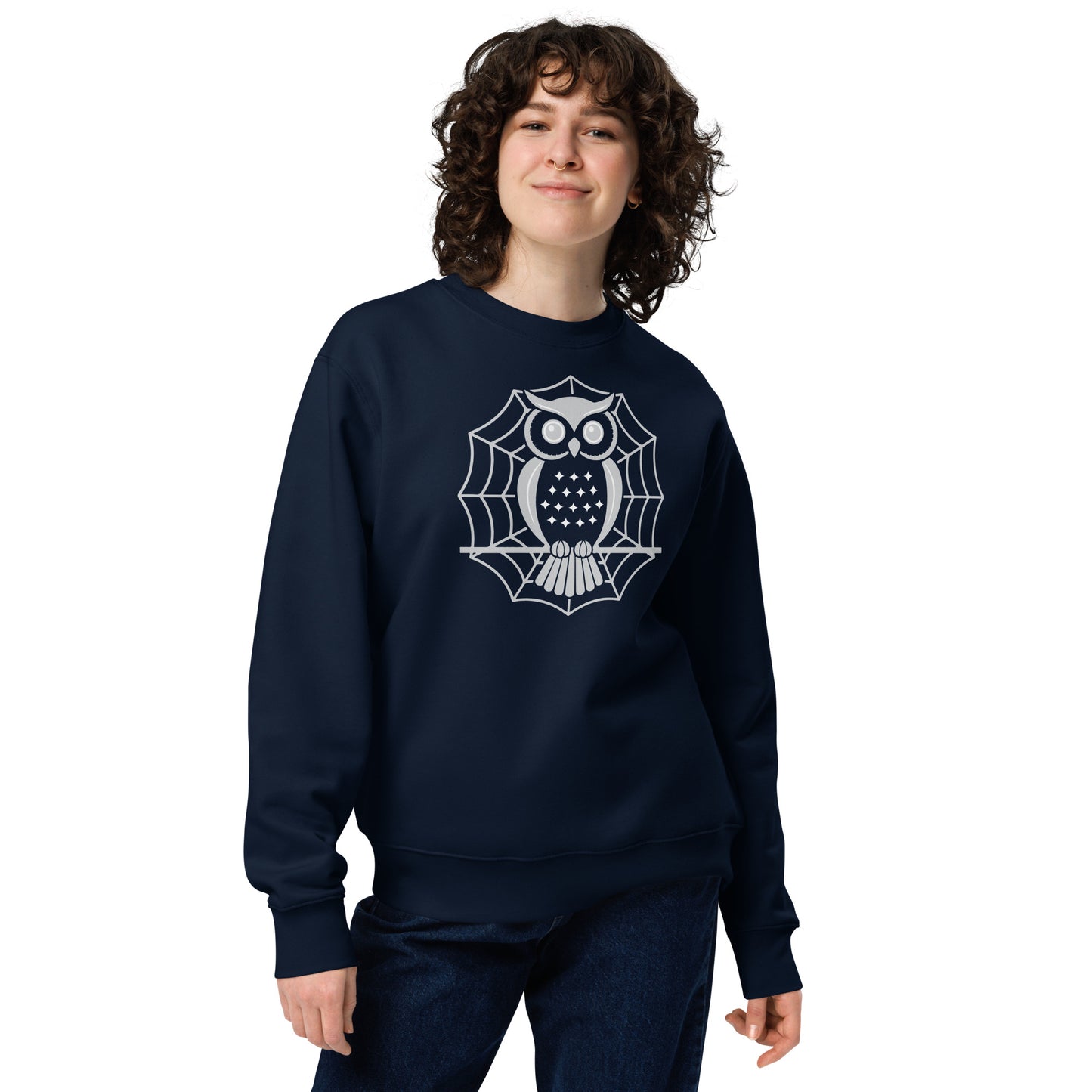 Unisex Eco Sweatshirt: Halloween Owl Cozy Sustainable Style USA French Navy Dudeily