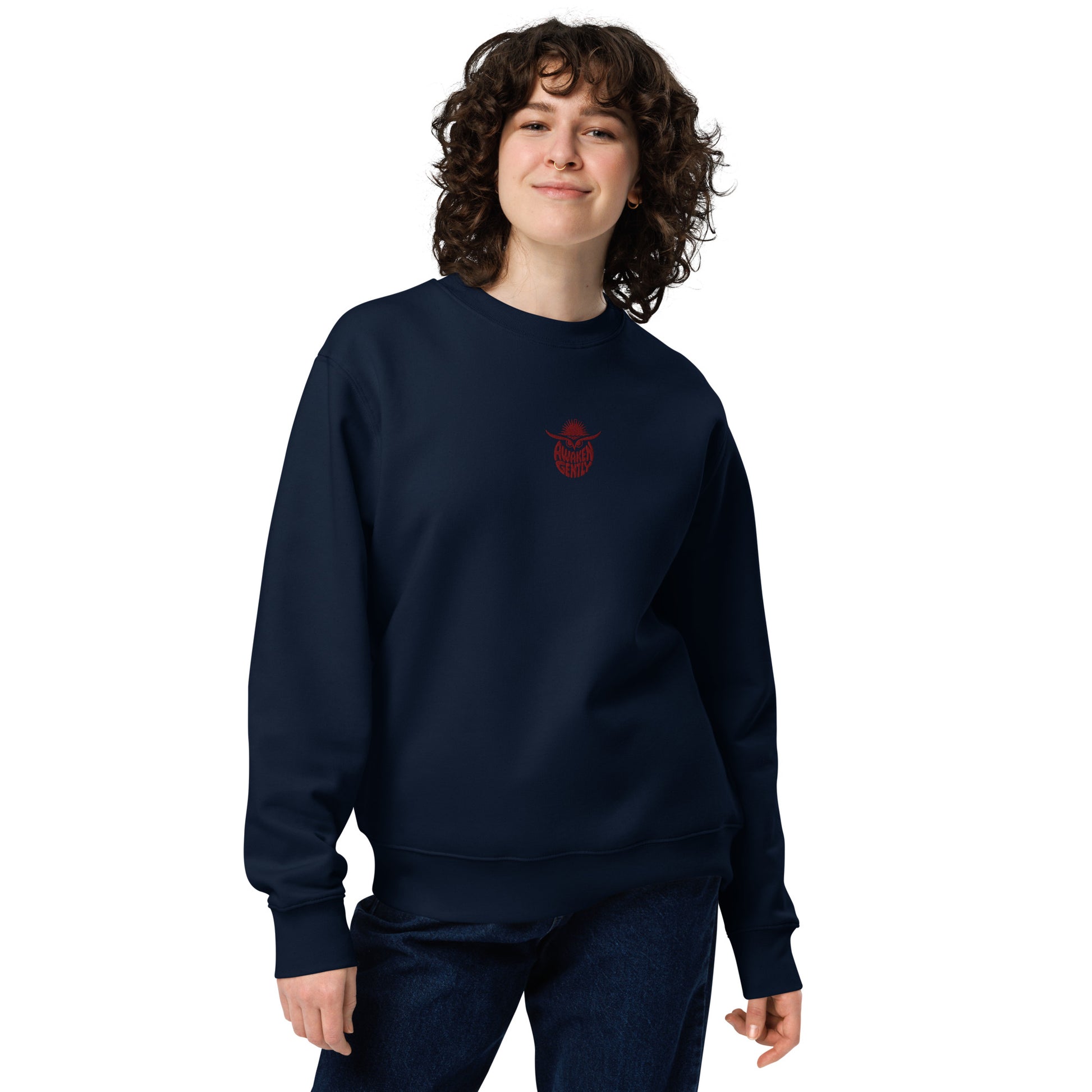 Unisex Eco Sweatshirt "Awaken Gently" – Embroidered Eco-Friendly Owl Clothing Dudeily