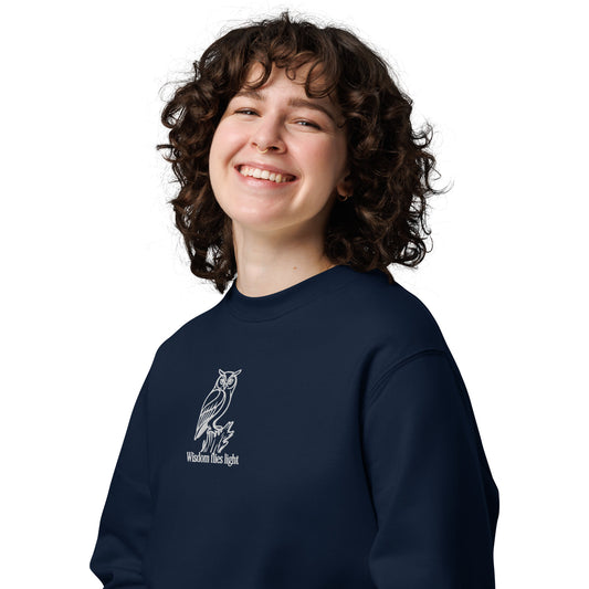 Owl Unisex Eco Sweatshirt: 'Wisdom Flies Light' in Fall | Sustainable Fashion USA Dudeily